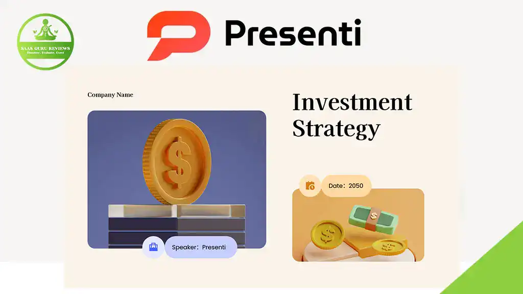 A presentation slide titled "Investment Strategy" featuring coin graphics, the Presenti logo, a 2050 date, and speaker label "Presenti," created with the Presentia AI presentation maker for high-impact creation.