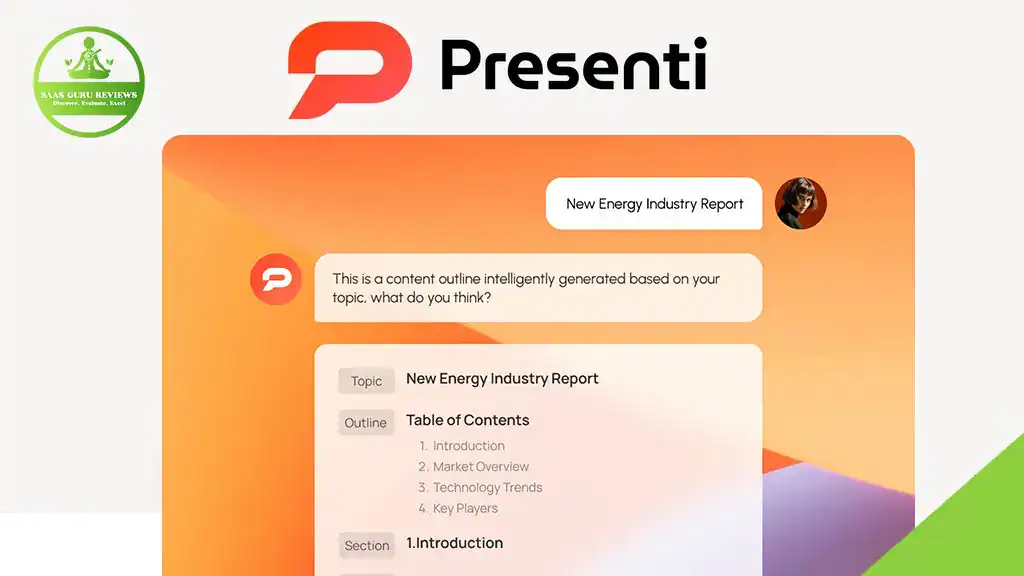 A screenshot of the Presentia AI platform, a powerful presentation maker, displays a generated content outline for a "New Energy Industry Report" with sections like Introduction and Market Overview. A logo is visible at the top left.