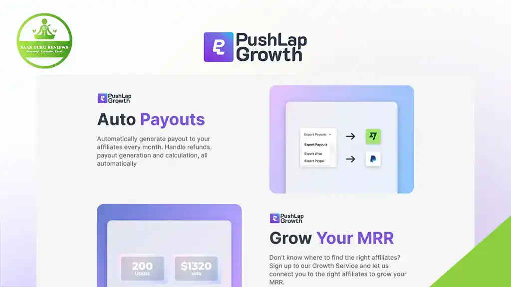 A promotional graphic for PushLap Growth, highlighting features like Affiliate Tracking, auto payouts to affiliates, and tools designed to help grow monthly recurring revenue (MRR).