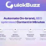 Screenshot of a QuickBuzz promotional graphic outlining steps to automate SEO-optimized content creation: connect website with QuickBuzz.io integration, add context, generate keywords, and publish on social platforms.