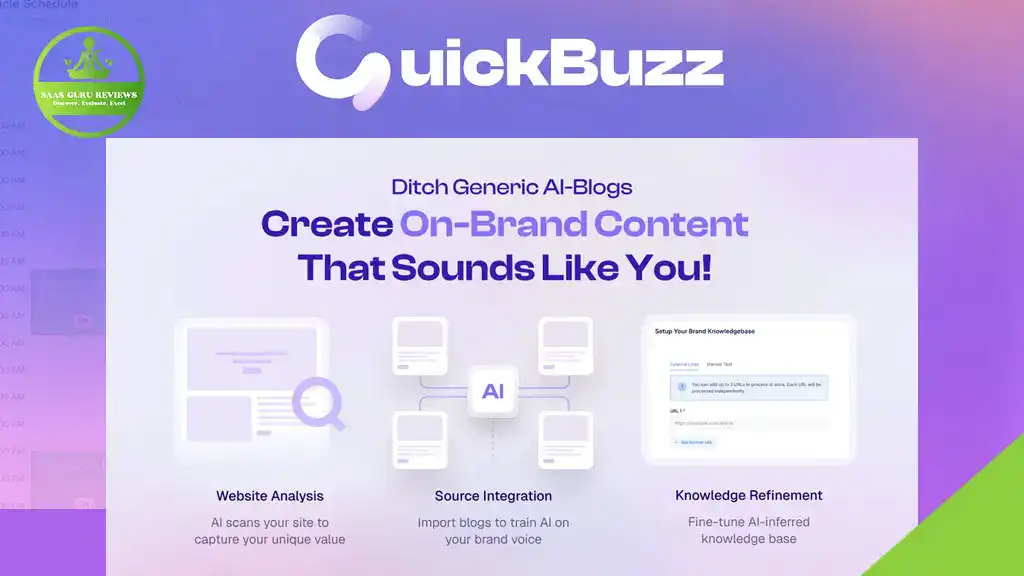 Screenshot of the QuickBuzz website highlighting content automation, website analysis, source integration, and knowledge refinement for creating branded AI-generated content with seamless QuickBuzz.io integration.