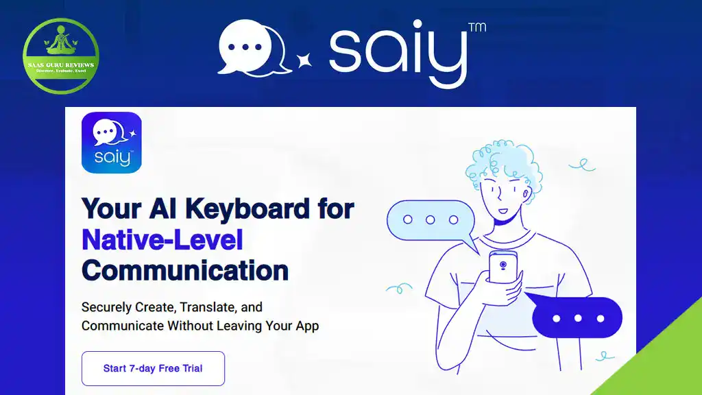 A promotional graphic for Saiy, an all-in-one AI keyboard app, highlighting native-level communication, AI translator features, and a 7-day free trial offer.