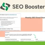 Screenshot of an SEO Booster weekly email report displaying an executive summary, new keywords, quick overview, and website branding elements.