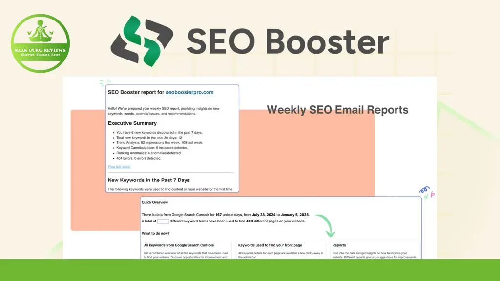 Screenshot of an SEO Booster weekly email report displaying an executive summary, new keywords, quick overview, and website branding elements.