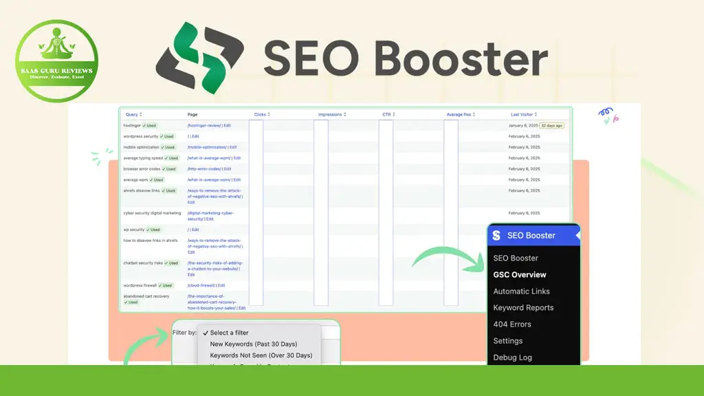 Screenshot of an SEO tool interface displaying keyword data, filters, and a sidebar menu with options like overview, reports, and settings.
