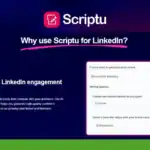 Screenshot of Scriptu’s website showcasing its AI-powered content tool for LinkedIn, featuring options for topic, format, and tone, plus a tagline about boosting LinkedIn content engagement by 10 times.