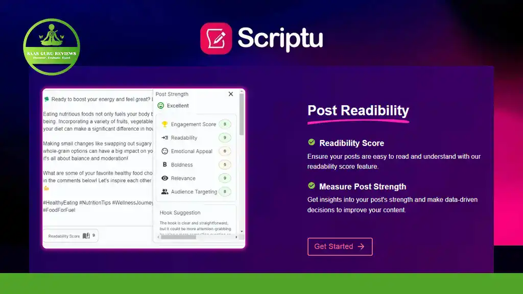 A screenshot of the Scriptu website highlights an AI-powered content readability feature with scores for content engagement, strength, and suggestions, alongside a "Get Started" button—ideal for LinkedIn creators.
