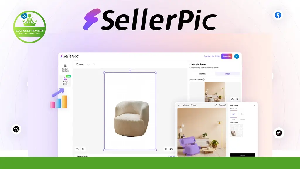 Screenshot of the SellerPic website interface showing image editing tools, a product photo of a beige chair, and options to change the image background.