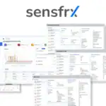 Sensfrx dashboard screenshots displaying data charts, transactions, and account information; logo and "AAAS Guru Reviews" badge also visible, highlighting Fraud Prevention features to Secure Your Business.