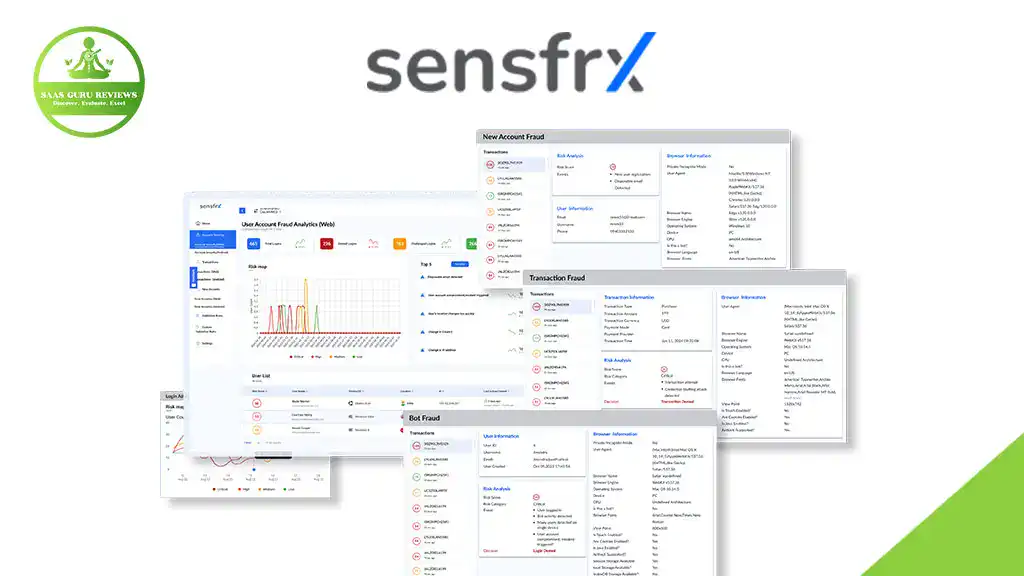 Sensfrx dashboard screenshots displaying data charts, transactions, and account information; logo and "AAAS Guru Reviews" badge also visible, highlighting Fraud Prevention features to Secure Your Business.