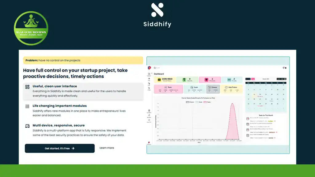 A dashboard interface for Siddhify is displayed, highlighting features like user control, simple interface, integrated modules, and secure multi-device access—ideal for entrepreneurs and startups seeking an efficient project management system.