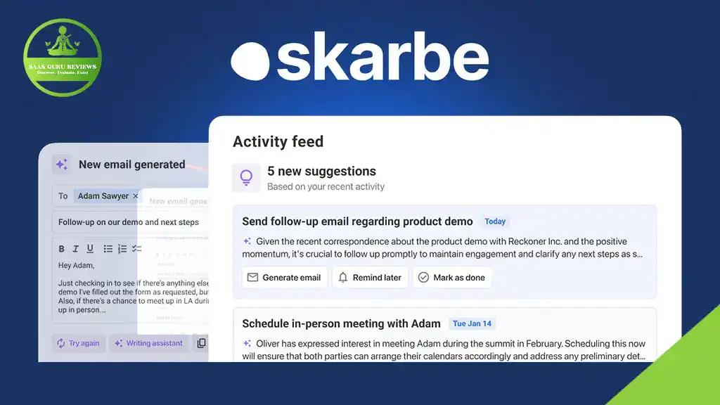 Screenshot of Skarbe's dashboard displaying the activity feed, featuring new suggestions for follow-up emails and meeting scheduling to help automate your sales process and close deals faster.