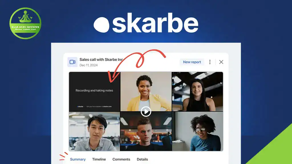 Screenshot of a video call interface with five participants, an arrow pointing to one, under the "skarbe" logo on a blue background—showcasing how to close deals faster with your personal sales engine.