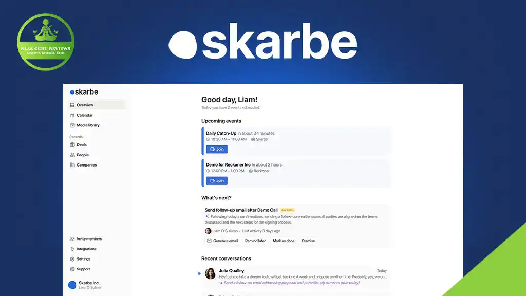 A computer screen displays the Skarbe dashboard with upcoming events, recent conversations, and navigation menu on the left against a blue gradient background, highlighting tools to automate your sales process and close deals faster.