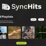 Screenshot of the Synchits website homepage displaying curated playlists with categories for moods, genres, themes, and sound effects, plus a "View All Playlists" button at the bottom.