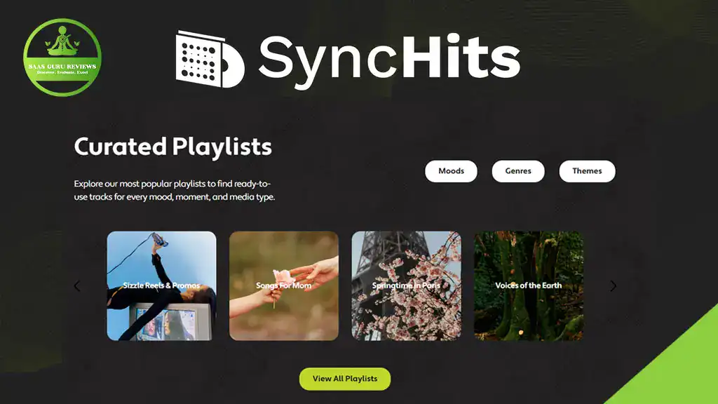 Screenshot of the Synchits website homepage displaying curated playlists with categories for moods, genres, themes, and sound effects, plus a "View All Playlists" button at the bottom.