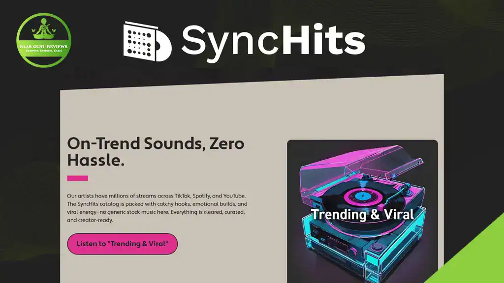 A promotional graphic for SyncHits featuring the AudioSocket logo, text about high-quality music sounds, and an image of a turntable labeled "Trending & Viral.