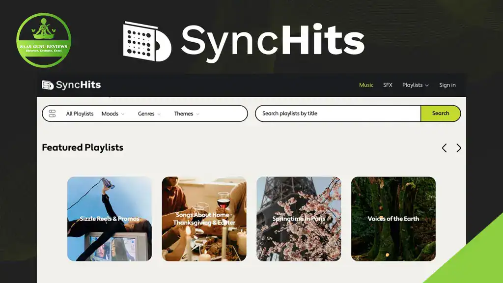 SyncHits website homepage displaying logo, navigation menu, search bar, and featured playlist thumbnails with various images and titles—highlighting a premium collection of tracks and sound effects for easy music license browsing.