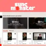 Screenshot of the SyncMonster dashboard displaying options for Blitz and Pro video translation services, recent projects, and user profile information—perfect for managing Instagram Video Ads—all set against a vibrant coral background.