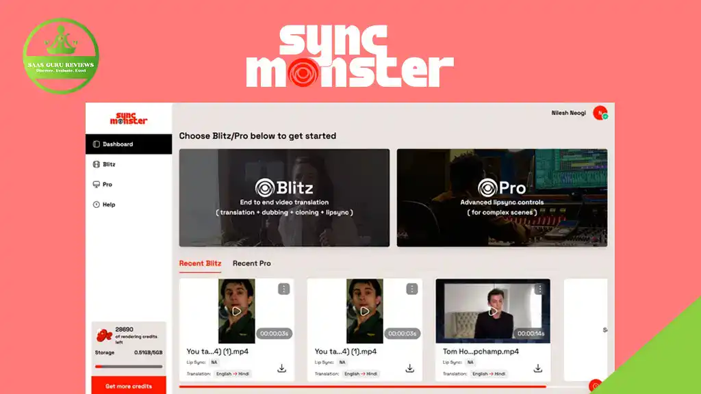 Screenshot of the SyncMonster dashboard displaying options for Blitz and Pro video translation services, recent projects, and user profile information—perfect for managing Instagram Video Ads—all set against a vibrant coral background.