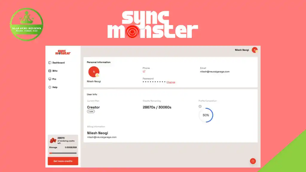 A user dashboard for SyncMonster displays personal information, user plan details, profile completion status, and billing information on a computer screen—perfect for managing your Instagram or video ads effectively.