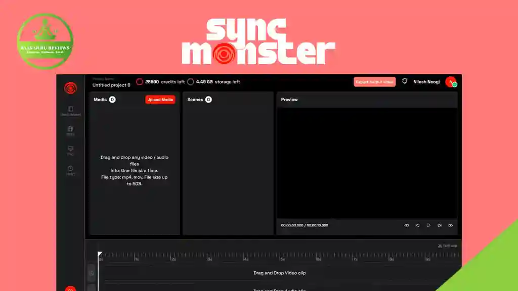 Screenshot of the SyncMonster video editing interface for creating video ads, featuring sections for uploading media, scenes, timeline, and preview on a pink background with the logo at the top—ideal for content like Instagram promotions.