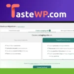 Screenshot of the TasteWP.com website showing a backup migration interface with options to create backups and staging sites. Logo of K.A.S. GURU REVIEWS appears in the top left corner.