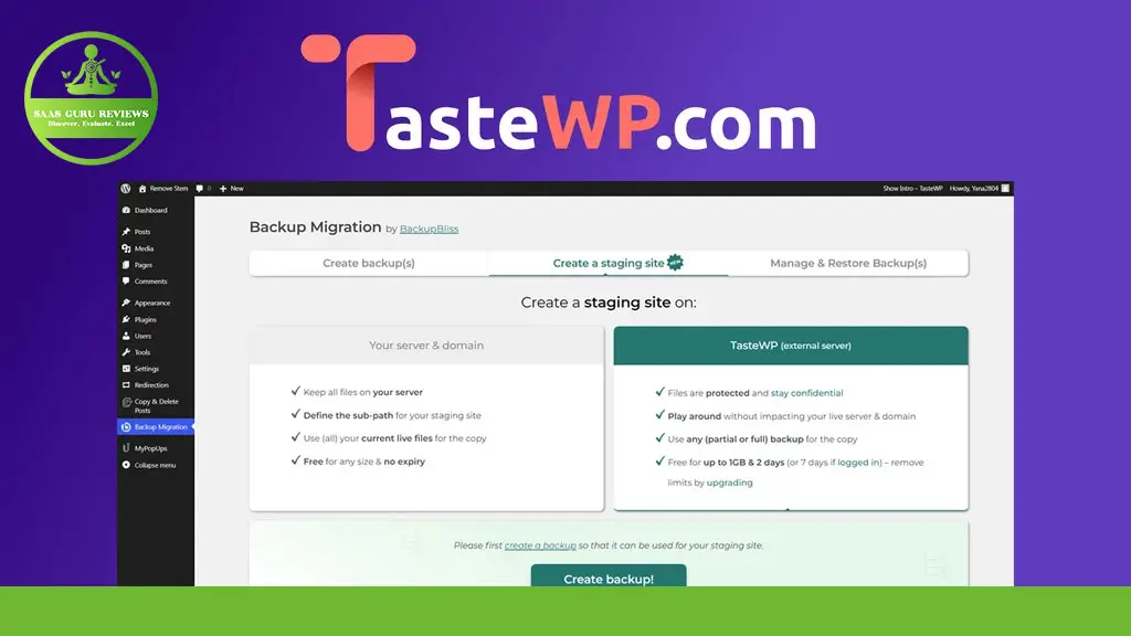 Screenshot of the TasteWP.com website showing a backup migration interface with options to create backups and staging sites. Logo of K.A.S. GURU REVIEWS appears in the top left corner.