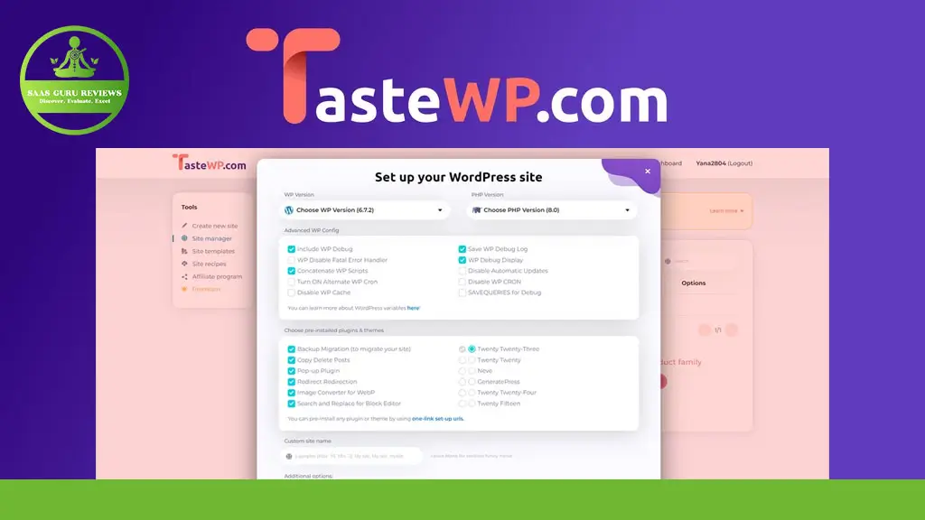 Screenshot of the TasteWP.com website setup interface with options to choose a WordPress version and plugins, over a purple and green background.