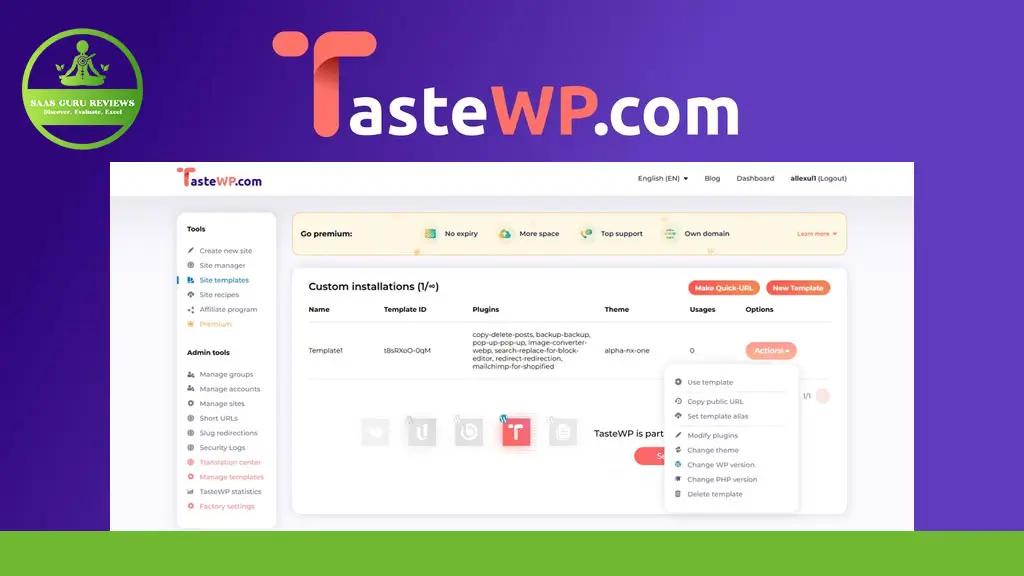 Screenshot of the TasteWP.com website dashboard showing custom WordPress installation options, with various menu items and settings visible.