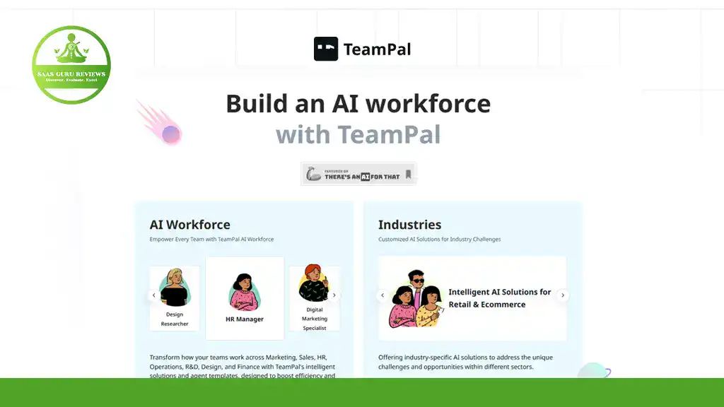 Screenshot of the TeamPal website homepage featuring sections on workforce empowerment and AI-powered collaboration across industries, illustrated visuals, navigation options, and a glimpse for those seeking a detailed TeamPal review.