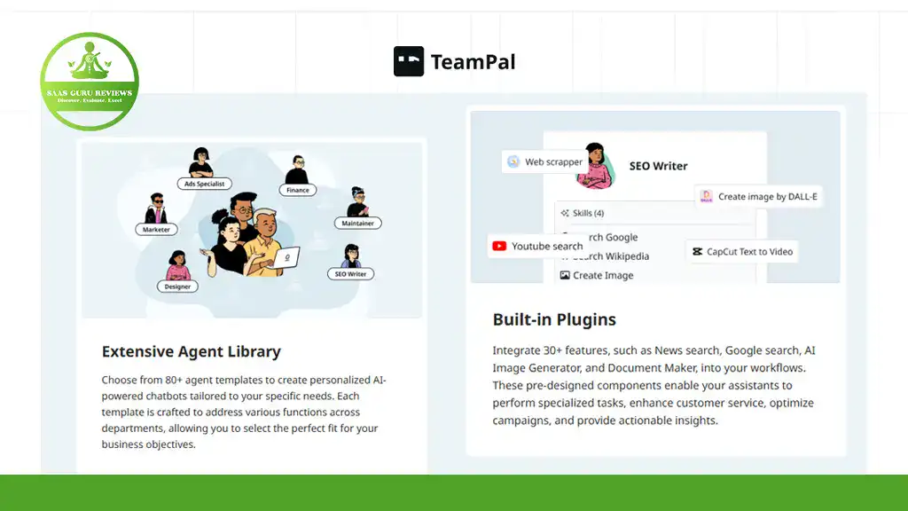 Screenshot of TeamPal’s interface showing AI agent roles like developer and designer, along with built-in plugin options such as web scraper, SEO writer, and YouTube search—highlighting AI-powered collaboration for workforce empowerment.