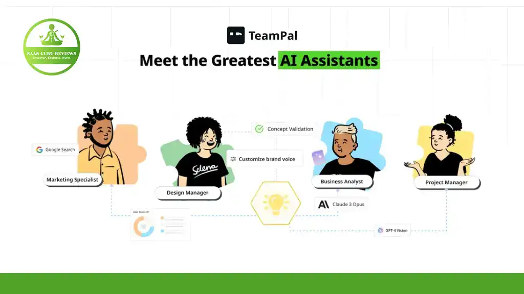 An illustration showing four diverse professionals—Marketing Specialist, Design Manager, Business Analyst, and Project Manager—using AI-powered collaboration with TeamPal AI assistants for various business tasks.