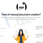 A website screenshot highlights frustrations with manual document creation, featuring a confused woman and lists of related challenges such as errors, time consumption, and handling large data—showcasing the need for Process Automation or PDF Generation tools.