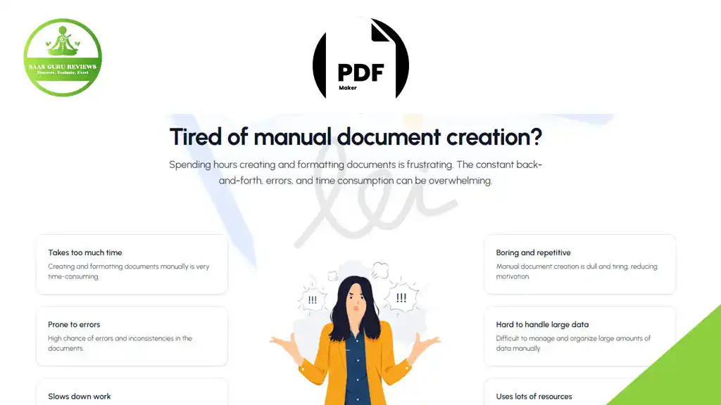 A website screenshot highlights frustrations with manual document creation, featuring a confused woman and lists of related challenges such as errors, time consumption, and handling large data—showcasing the need for Process Automation or PDF Generation tools.