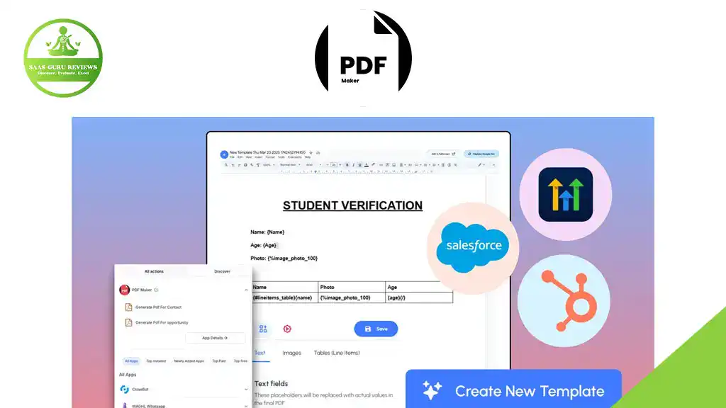 A digital interface displays a student verification form, PDF Maker logo, Salesforce and HubSpot icons, and a "Create New Template" button on a gradient background, streamlining PDF Generation and process automation for users.
