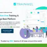 A promotional graphic for Trainwel, a digital training and knowledge base platform, highlighting the TRAINWEL Lifetime Deal, with screenshots, key benefits, and a call to action to schedule a demo.