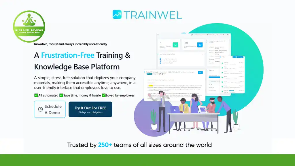 A promotional graphic for Trainwel, a digital training and knowledge base platform, highlighting the TRAINWEL Lifetime Deal, with screenshots, key benefits, and a call to action to schedule a demo.