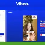 Screenshot of a Vibeo website page showing video testimonials, AI video editing options on the left, and text stating "Our growth exploded in 3 months!" with a "Book a demo" button.