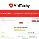Screenshot of the VidTechy 2025 platform interface showing video SEO optimization tools and instructions for adding external links to a YouTube channel, with user reviews highlighting the effectiveness of its video tools.