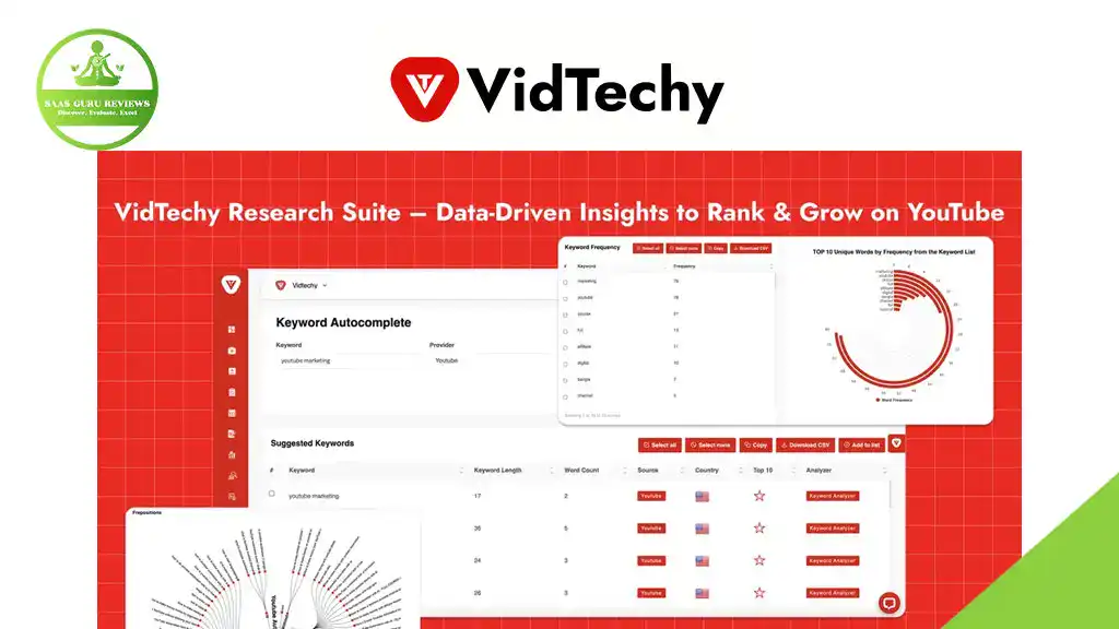 Screenshot of VidTechy 2025 platform displaying powerful keyword research tools, data-driven insights, charts, reviews, and suggested keywords to help optimize YouTube growth.