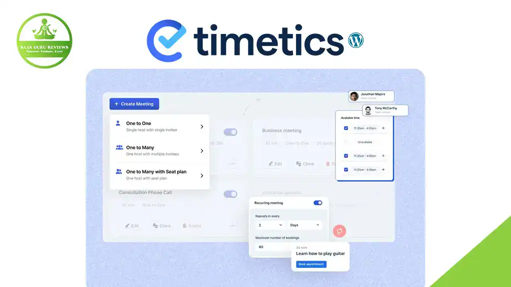 Screenshot of the Timetics WordPress appointment booking plugin interface, displaying options to create and manage meetings, user profiles, and scheduling features—making it easy to schedule with ease.