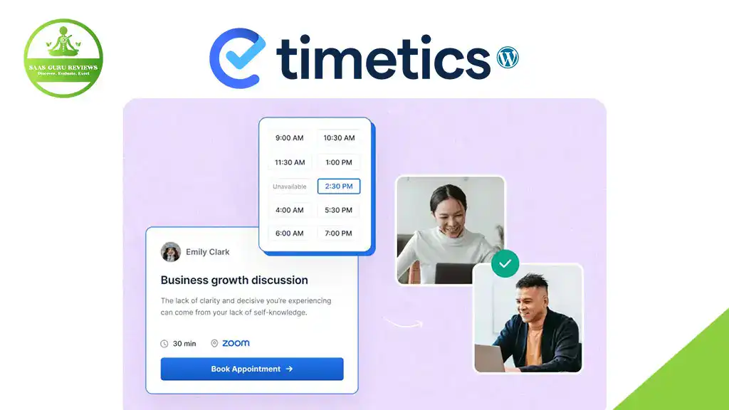 Screenshot of a scheduling app interface powered by a WordPress appointment booking plugin, displaying available meeting times, a business growth booking form, and two people on a video call to help you schedule with ease.