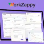 A computer screen displays the WorkZappy project management dashboard with various task cards and charts on a purple background, showcasing powerful project planning tools designed to boost productivity.
