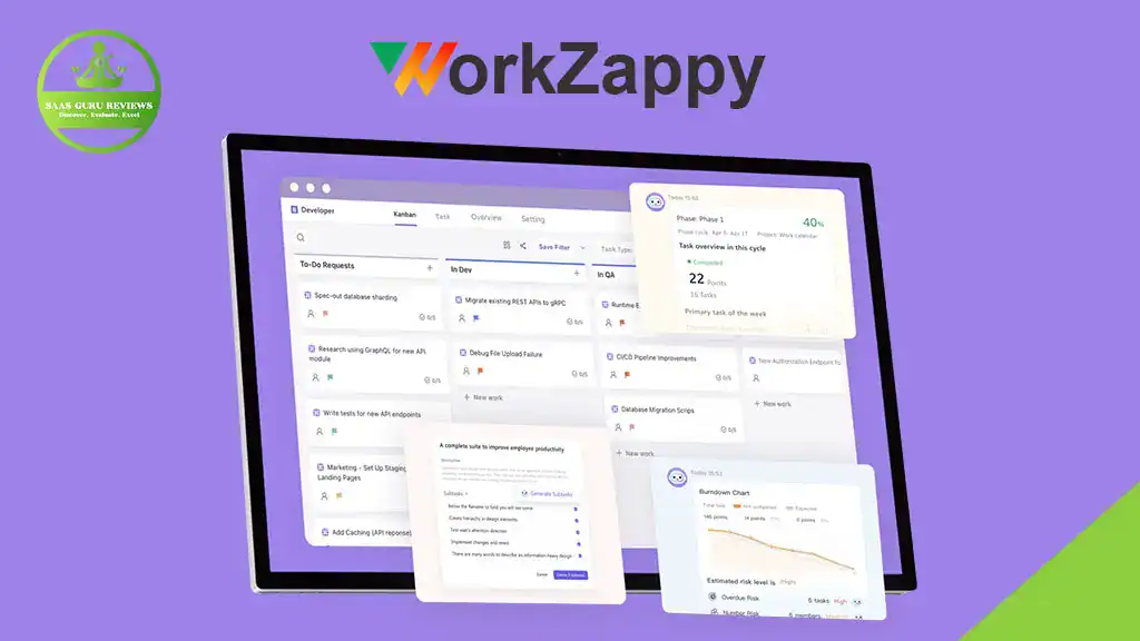 A computer screen displays the WorkZappy project management dashboard with various task cards and charts on a purple background, showcasing powerful project planning tools designed to boost productivity.