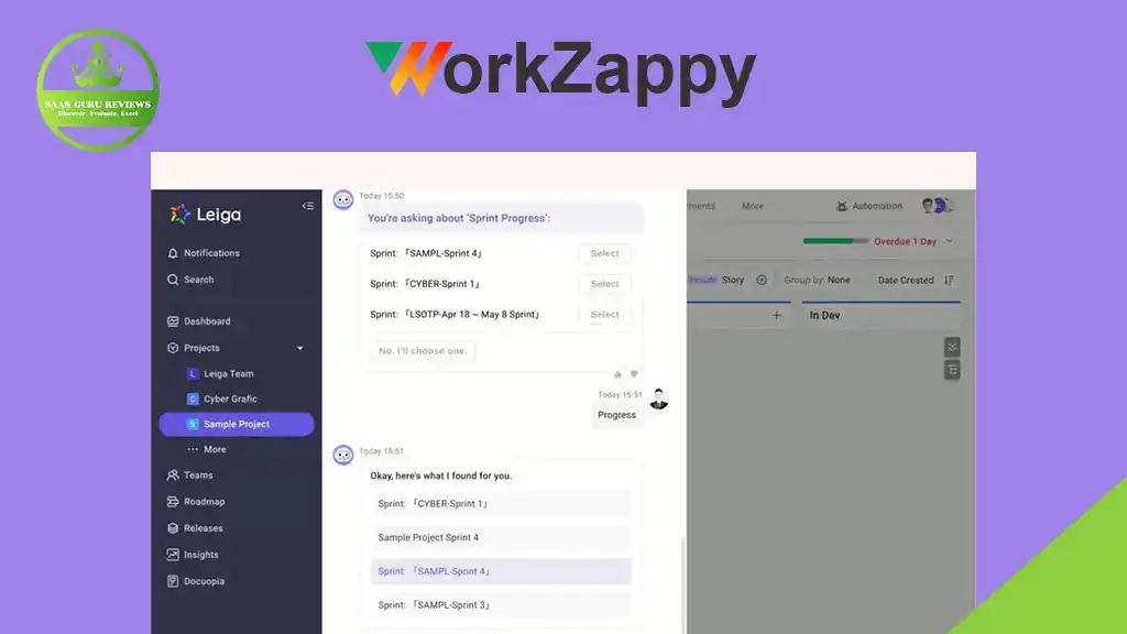 Screenshot of a project management tool interface featuring a sidebar menu, a chat window discussing sprint progress, and a purple header with the WorkZappy logo—designed to boost productivity and streamline project planning.