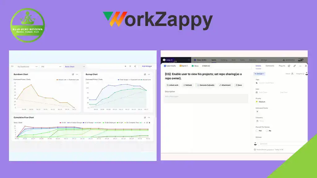 A split-screen shows dashboard charts on the left and a project management interface on the right, with the WorkZappy logo above on a purple background—the perfect setup to boost productivity and streamline project planning.