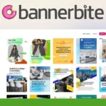 Screenshot of the BannerBite interface showing various design templates for online banners and graphics, with the BannerBite logo at the top—perfect for those looking to automate WordPress video creation with visually stunning assets.