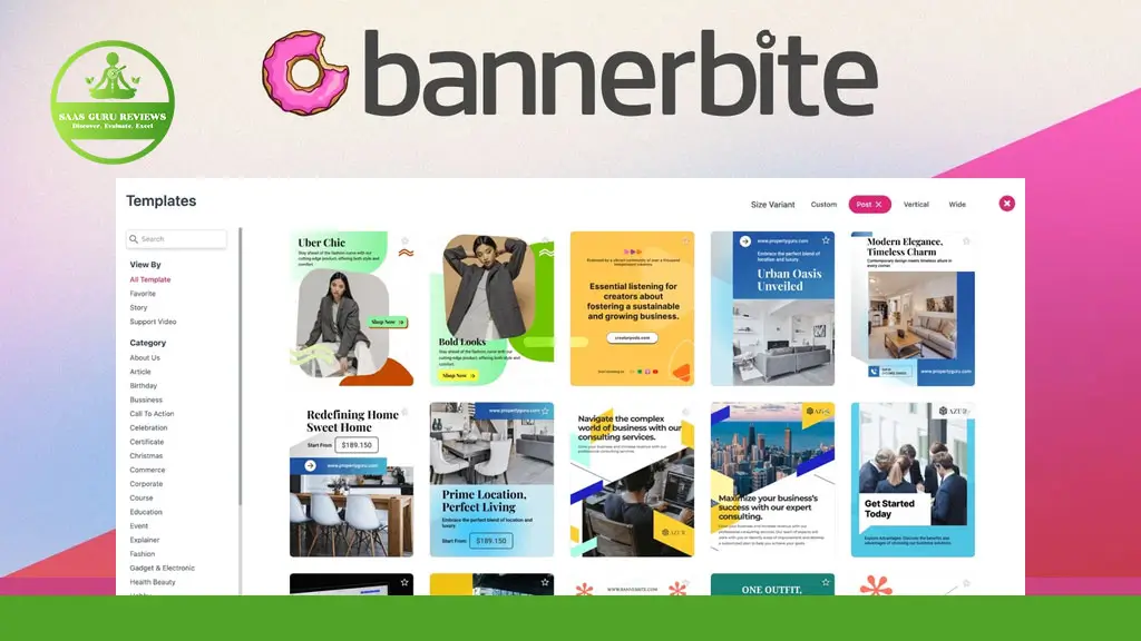 Screenshot of the BannerBite interface showing various design templates for online banners and graphics, with the BannerBite logo at the top—perfect for those looking to automate WordPress video creation with visually stunning assets.