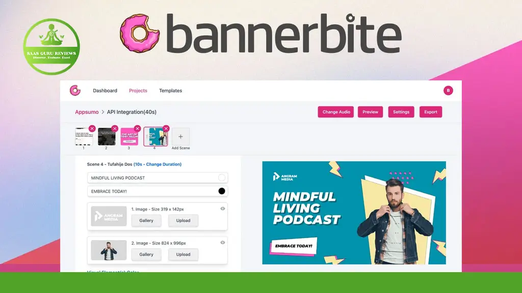 Screenshot of the Bannerbite dashboard showing podcast project editing options, with a sample banner for "Mindful Living Podcast" on the right. Easily automate video creation for your episodes and streamline your workflow.